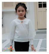 韩国儿童装2024春款COMA淑女大童白色泡泡袖长袖打底衫T恤
