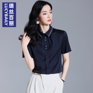 藏蓝色雪纺衫女短袖夏季衬衣显瘦上衣，洋气设计感小众职业气质小衫