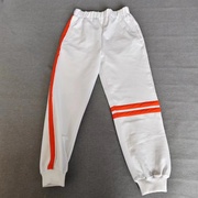 春秋冬男女同款，运动裤子大白色拼接橘红色，宽条加绒纯棉裤子