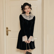 越南小众品牌lasomi2023年冬季黑色丝绒蕾丝边复古套装裙
