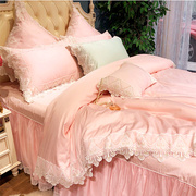 蕾丝四件套床裙花边被套纯棉，60支公主风，粉色床罩贡缎床上用品欧式