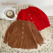 巴梵欧婴儿毛衣外套，红色周岁百日小众，设计宝宝针织开衫纯棉