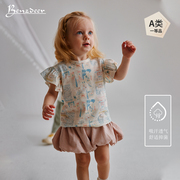 benzdeer 2024夏季女宝宝全棉圆领荷叶边短袖T恤儿童印花上衣