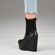 misili坡跟短靴秋冬季11.5cm黑色高跟鞋，防水台厚底真皮女靴子