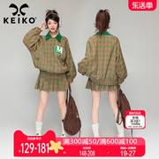 KEIKO 美式复古穿搭套装女春季格子外套棒球服+百褶短裙子两件套