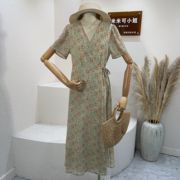 米米可2023夏季韩版复古v领泡泡袖雪纺，连衣裙女修身系带碎花长裙