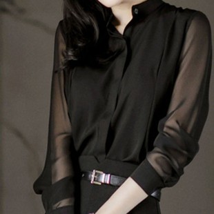 衬衫女长袖春夏韩版显瘦黑色立领衬衣雪纺透视性感OL上衣