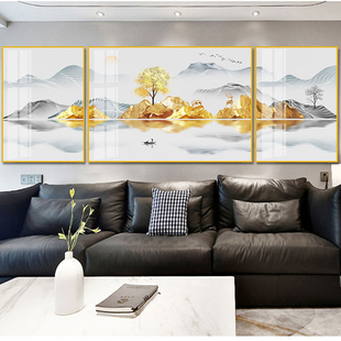 现代简约客厅轻奢三联挂画沙发背景墙装饰画抽象山水，麋鹿有框壁画