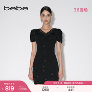 bebe2023秋冬女士针织v领蕾丝烫钻纯色泡泡袖连衣裙350001