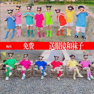 儿童彩色t恤夏季纯色纯棉，短袖小学生班服糖果，色幼儿园亲子装旅游