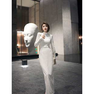 xulu原创欧洲高定雪花丝绒裙，气质知性优雅半高领直角肩长袖连衣裙