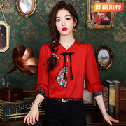 新中式红色长袖衬衫女士春装复古气质衬衣设计感国风盘扣上衣
