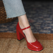 红色浅口单鞋女粗跟2023春秋款真皮漆皮超高跟鞋女8.5cm玛丽珍鞋