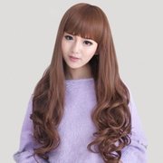 可爱齐刘海长卷发假发女长发，全头套式女士自然色网红假头发