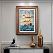 客厅装饰画帆船美式玄关挂画风景，画单幅欧式乡村壁画餐厅油画墙画