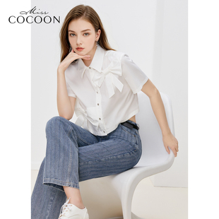 missCOCOON截短衬衫夏款气质减龄蝴蝶结舒适挺括白色上衣