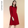 商场同款海兰丝熟女长袖，羊毛呢子红色连衣裙，修身显瘦裙子春装