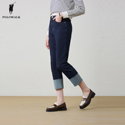 polowalk翻边深色牛仔裤，2024春季韩系高腰，显瘦设计感长裤子女