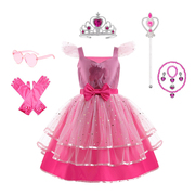 女童cosplay真人芭比电影，同款连衣裙小女孩舞台，表演服粉色印花裙