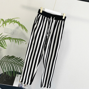 九分裤男夏季薄款时尚休闲裤黑白，条纹复古风，哈伦裤小脚修身潮