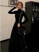 黑色长袖连衣裙女装秋冬季法式气质半高领，收腰显瘦打底长裙子