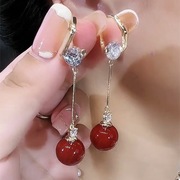 网红长款相思豆流苏耳环，女时尚波西米，亚风镶锆石红色珠珠耳扣