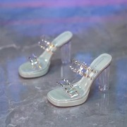 防水台外穿一字拖女2024年性感透明水钻高跟鞋露趾水晶粗跟凉拖鞋