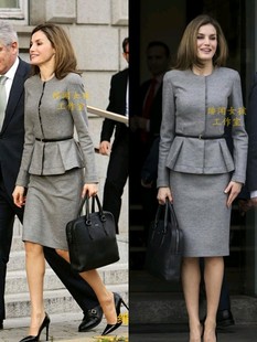西班牙王后同款套裙夏 白领通勤OL职业套装送真皮腰带 时尚气质灰