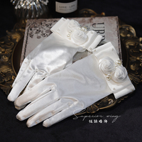 优颖原创白色缎面玫瑰，花苞蝴蝶结婚礼手套，婚纱手套礼仪手结婚配饰