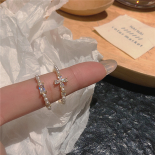极细锆石珍珠戒指~小花朵，甜美超闪高级感指环ins网红简约百搭韩国