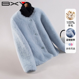 BXV克莱因蓝色圆领羊羔毛外套女短款冬皮毛一体羊羔绒大衣小个子