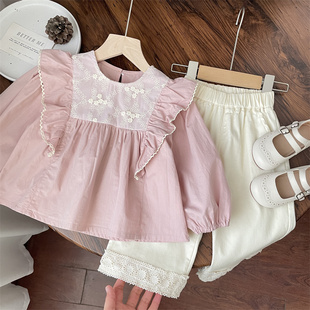 女童娃娃衫上衣韩版春秋，纯棉女宝宝小童粉色，公主蕾丝飞袖衬衫