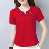 大红色纯棉短袖t恤女士上衣，2024夏中老年妈妈，装大码减龄刺绣小衫