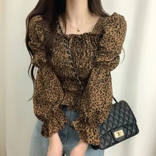 韩国chic秋季复古气质方领泡泡袖，上衣褶皱感时髦豹纹减龄长袖衬衫