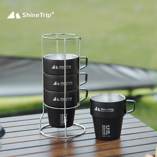 山趣户外304不锈钢双层水杯子，套装野外便携露营野餐茶杯咖啡折叠
