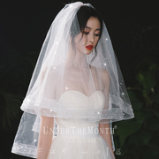 新娘结婚头纱超仙森系网红拍照道具白色闪闪珍珠头纱影楼旅拍