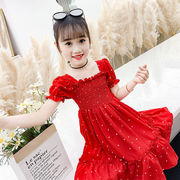 童装红色夏季短袖连衣裙圆点女童中大童雪纺儿童网红时髦裙子