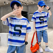 早春男童短袖t恤夏季儿童，横大条纹撞色拼接蓝色，圆领韩式风上衣潮