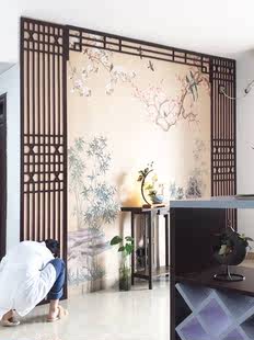 pvc新中式电视背景墙镂空木，雕花玄关屏风隔断花格，仿古装饰通花板