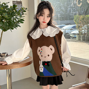 女童卡通小熊马甲套装2024春季中大童洋气时髦毛衣衬衫两件套