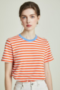法式小众经典夏季圆领，有机棉拼色条纹条纹短袖，桔色t恤