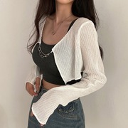 韩国chic夏季设计款辣妹链条，冰丝长袖短款针织披肩防晒开衫外套女