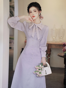 法式紫色假两件连衣裙蝴蝶结，温柔长裙气质，显瘦裙子女装