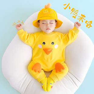 婴儿衣服秋装黄小鸡(黄小鸡)造型，连体衣纯棉薄，款春秋宝宝哈衣长袖爬服可爱
