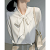 法式时尚真丝缎面白色飘带长袖衬衫，女春夏职业通勤设计感小众衬衣