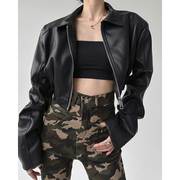 黑色短款pu皮衣外套，女2024春季高级夹克港风设计感外套