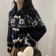韩国ins冬季北欧风加厚翻领，牛角扣雪花针织，开衫女保暖毛衣外套