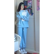 奶蓝色华夫格运动套装女2023年春秋季韩版学生，宽松卫衣休闲两件套