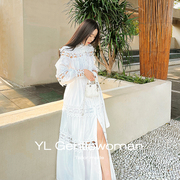 ylgentlewoman法式镂空蕾丝立领，连衣裙海边度假白色连衣长裙