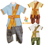 东南亚风情泰国男童服装，傣族英雄带三色套装，葫芦丝表演泼水节服饰